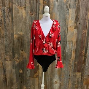 Shein red floral body suit